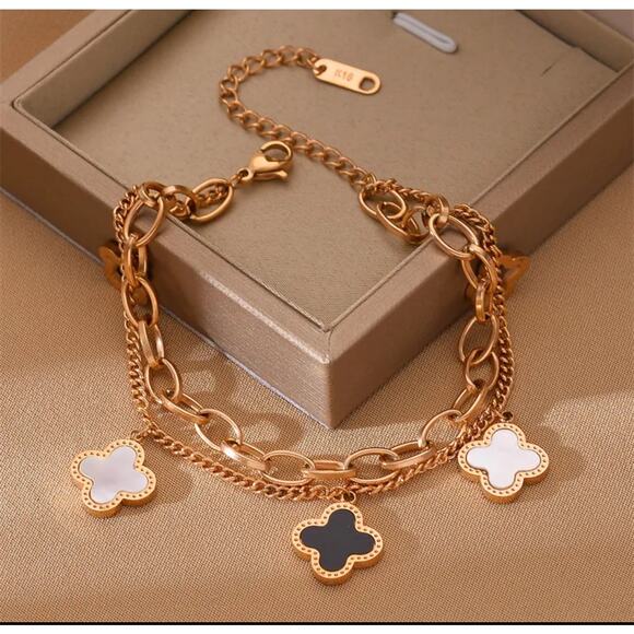 Four Leaf Clover Titanium Steel Gold Plated Double Chain Bracelet 9" - Picture 3 of 6